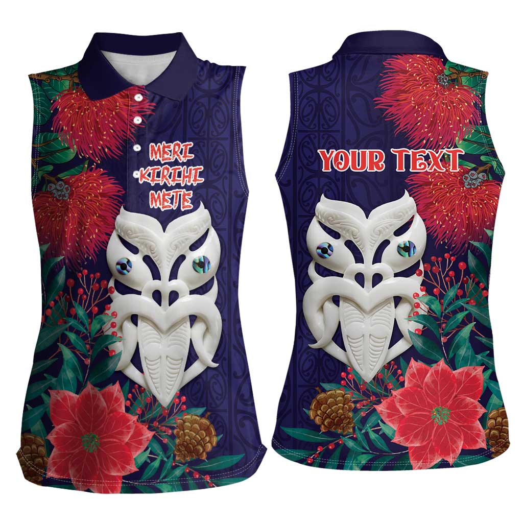 Maori Wheku Meri Kirihimete Personalised Women Sleeveless Polo Shirt All Blue Indigenous Maori Motif LT9 - Polynesian Pride