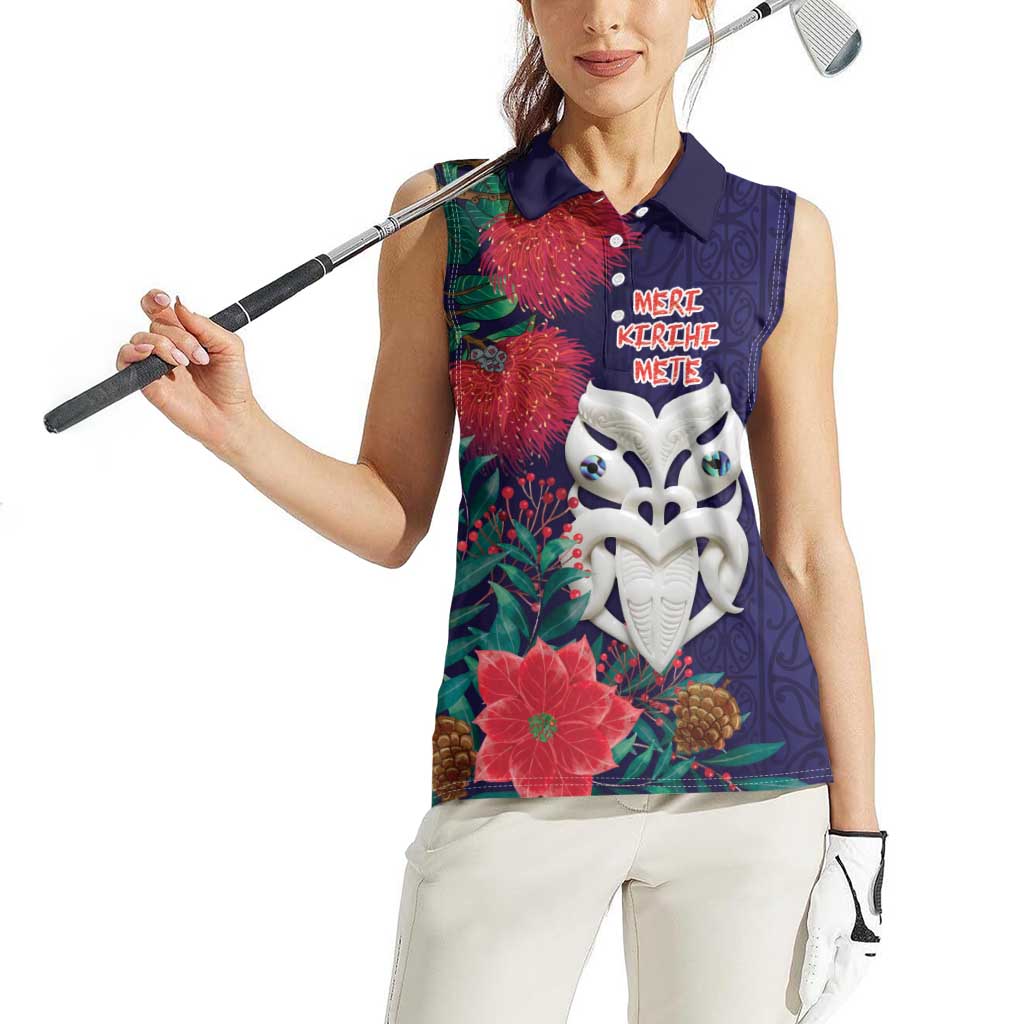 Maori Wheku Meri Kirihimete Personalised Women Sleeveless Polo Shirt All Blue Indigenous Maori Motif LT9 - Polynesian Pride