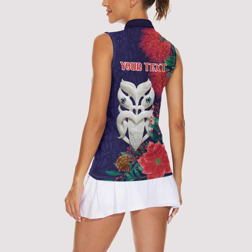 Maori Wheku Meri Kirihimete Personalised Women Sleeveless Polo Shirt All Blue Indigenous Maori Motif LT9 - Polynesian Pride