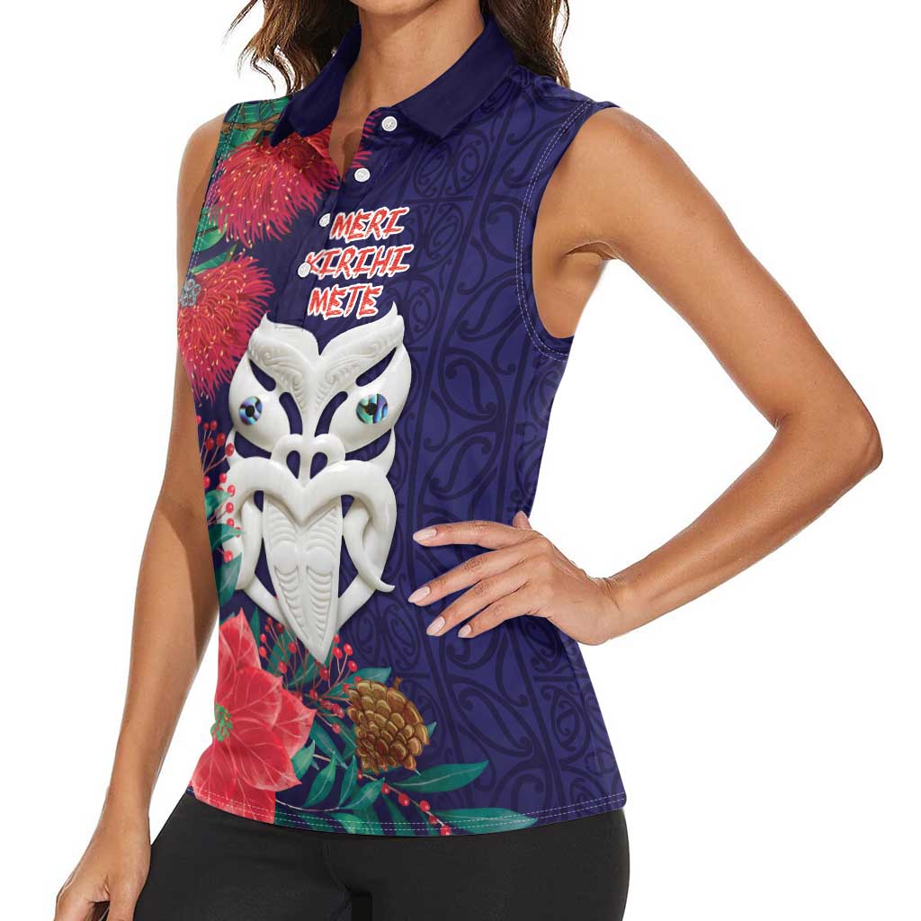 Maori Wheku Meri Kirihimete Personalised Women Sleeveless Polo Shirt All Blue Indigenous Maori Motif LT9 - Polynesian Pride