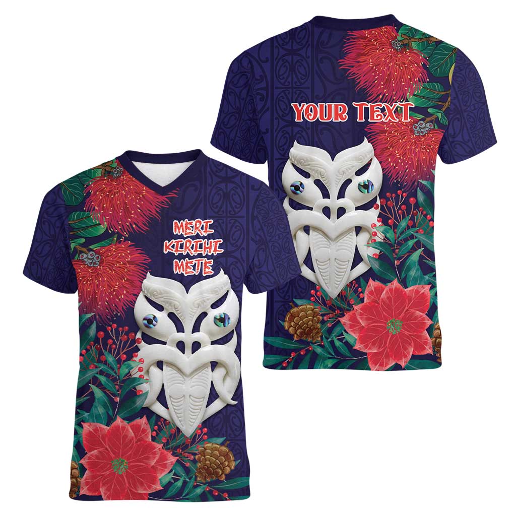Maori Wheku Meri Kirihimete Personalised Women V-Neck T-Shirt All Blue Indigenous Maori Motif LT9 - Polynesian Pride