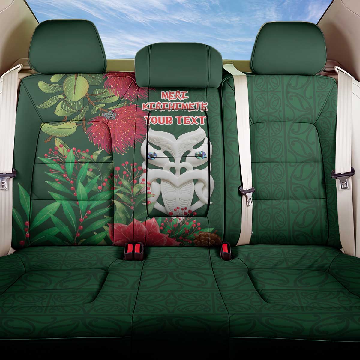 Maori Wheku Meri Kirihimete Personalised Back Car Seat Cover All Green Indigenous Maori Motif - Polynesian Pride