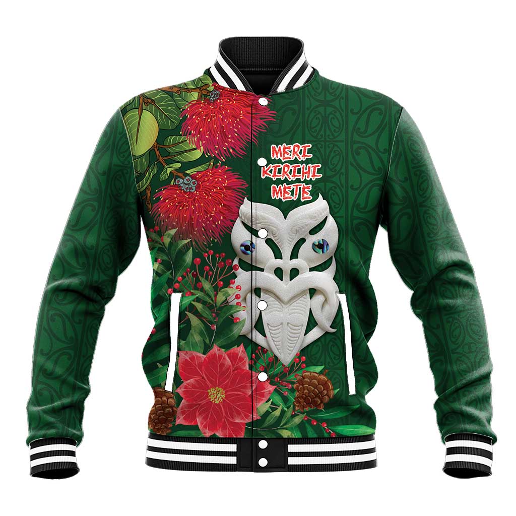 Maori Wheku Meri Kirihimete Personalised Baseball Jacket All Green Indigenous Maori Motif LT9 Unisex Green - Polynesian Pride