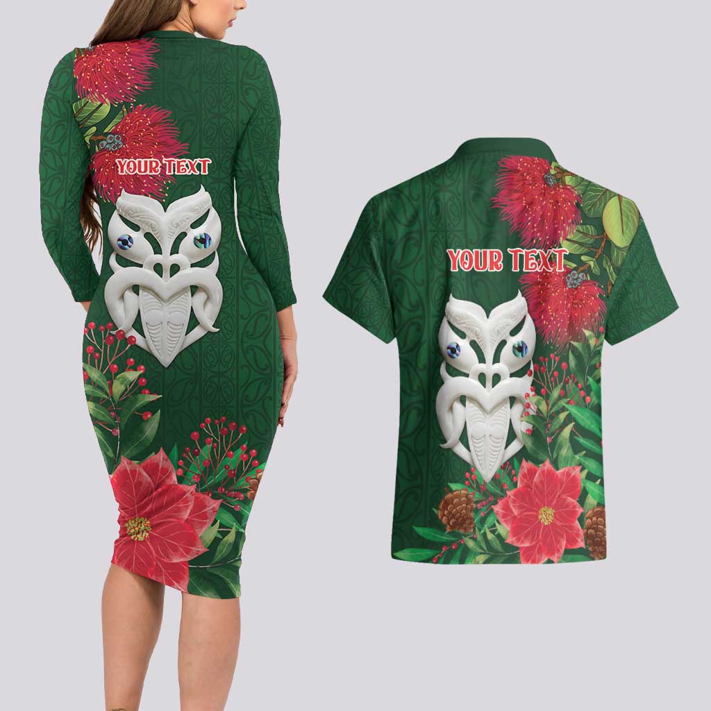 Maori Wheku Meri Kirihimete Personalised Couples Matching Long Sleeve Bodycon Dress and Hawaiian Shirt All Green Indigenous Maori Motif LT9 - Polynesian Pride