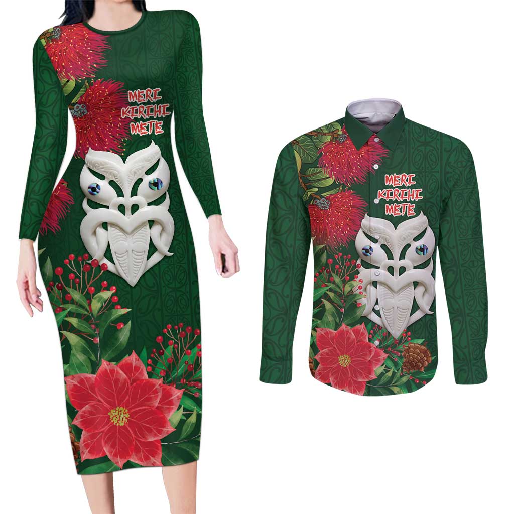 Maori Wheku Meri Kirihimete Personalised Couples Matching Long Sleeve Bodycon Dress and Long Sleeve Button Shirt All Green Indigenous Maori Motif LT9 Green - Polynesian Pride