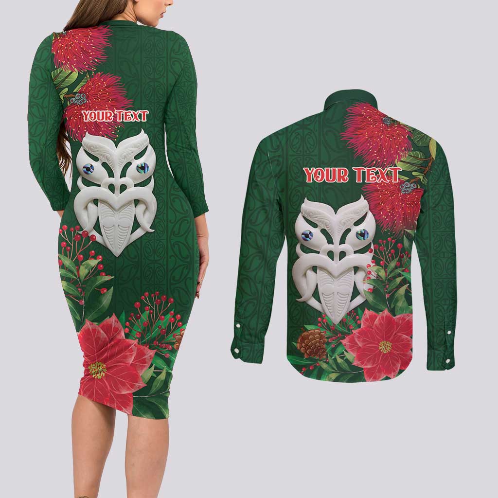 Maori Wheku Meri Kirihimete Personalised Couples Matching Long Sleeve Bodycon Dress and Long Sleeve Button Shirt All Green Indigenous Maori Motif LT9 - Polynesian Pride