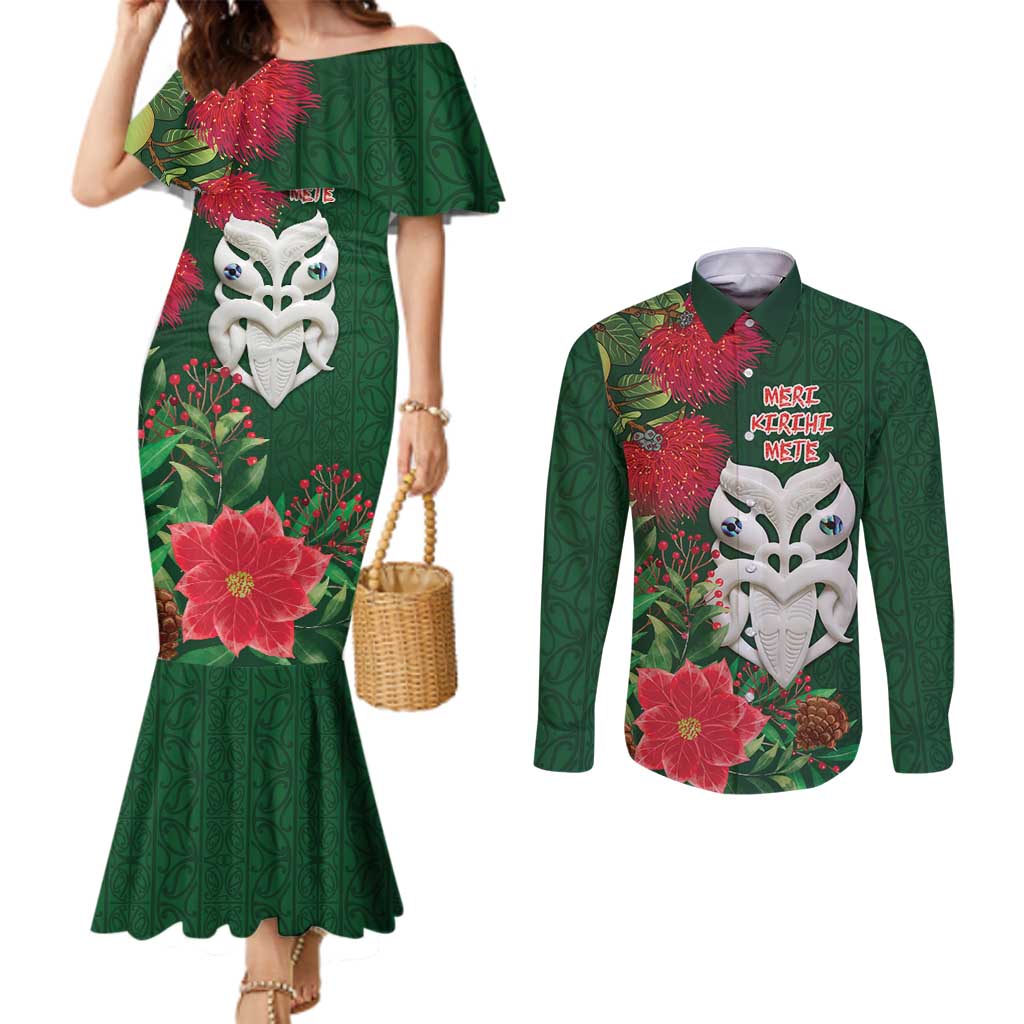 Maori Wheku Meri Kirihimete Personalised Couples Matching Mermaid Dress and Long Sleeve Button Shirt All Green Indigenous Maori Motif LT9 Green - Polynesian Pride