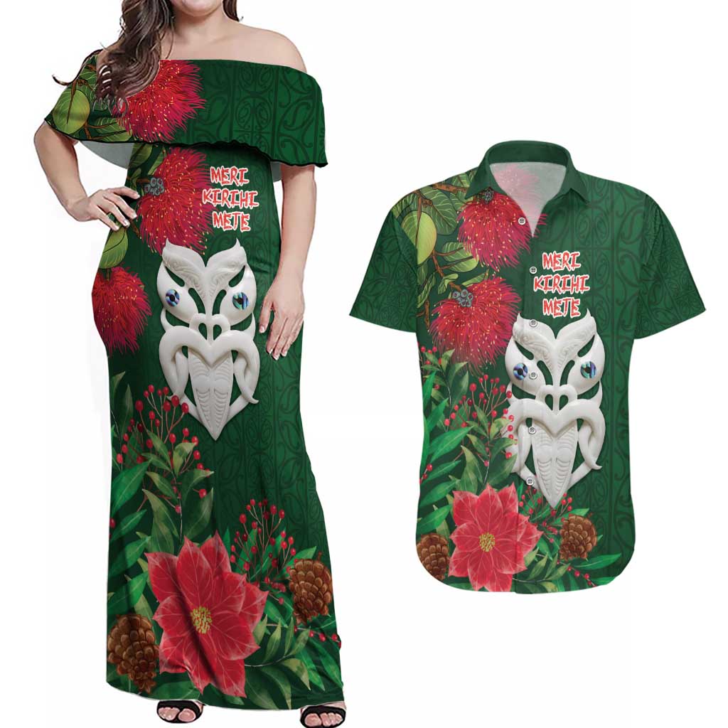 Maori Wheku Meri Kirihimete Personalised Couples Matching Off Shoulder Maxi Dress and Hawaiian Shirt All Green Indigenous Maori Motif LT9 Green - Polynesian Pride