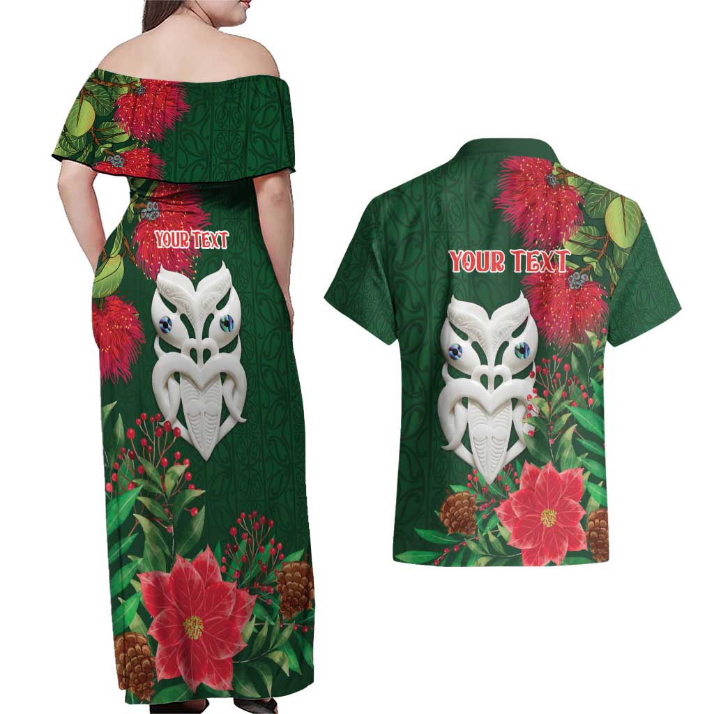 Maori Wheku Meri Kirihimete Personalised Couples Matching Off Shoulder Maxi Dress and Hawaiian Shirt All Green Indigenous Maori Motif LT9 - Polynesian Pride