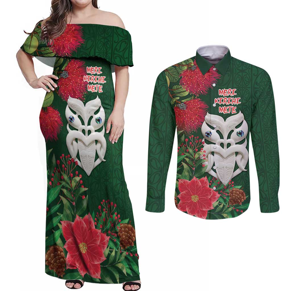Maori Wheku Meri Kirihimete Personalised Couples Matching Off Shoulder Maxi Dress and Long Sleeve Button Shirt All Green Indigenous Maori Motif LT9 Green - Polynesian Pride