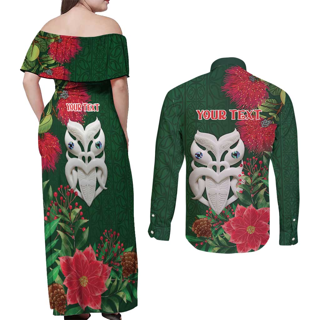 Maori Wheku Meri Kirihimete Personalised Couples Matching Off Shoulder Maxi Dress and Long Sleeve Button Shirt All Green Indigenous Maori Motif LT9 - Polynesian Pride