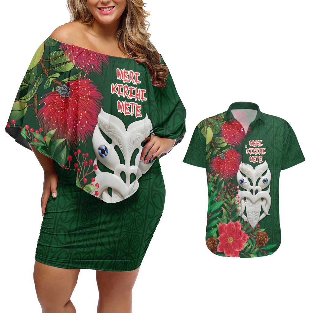 Maori Wheku Meri Kirihimete Personalised Couples Matching Off Shoulder Short Dress and Hawaiian Shirt All Green Indigenous Maori Motif LT9 Green - Polynesian Pride