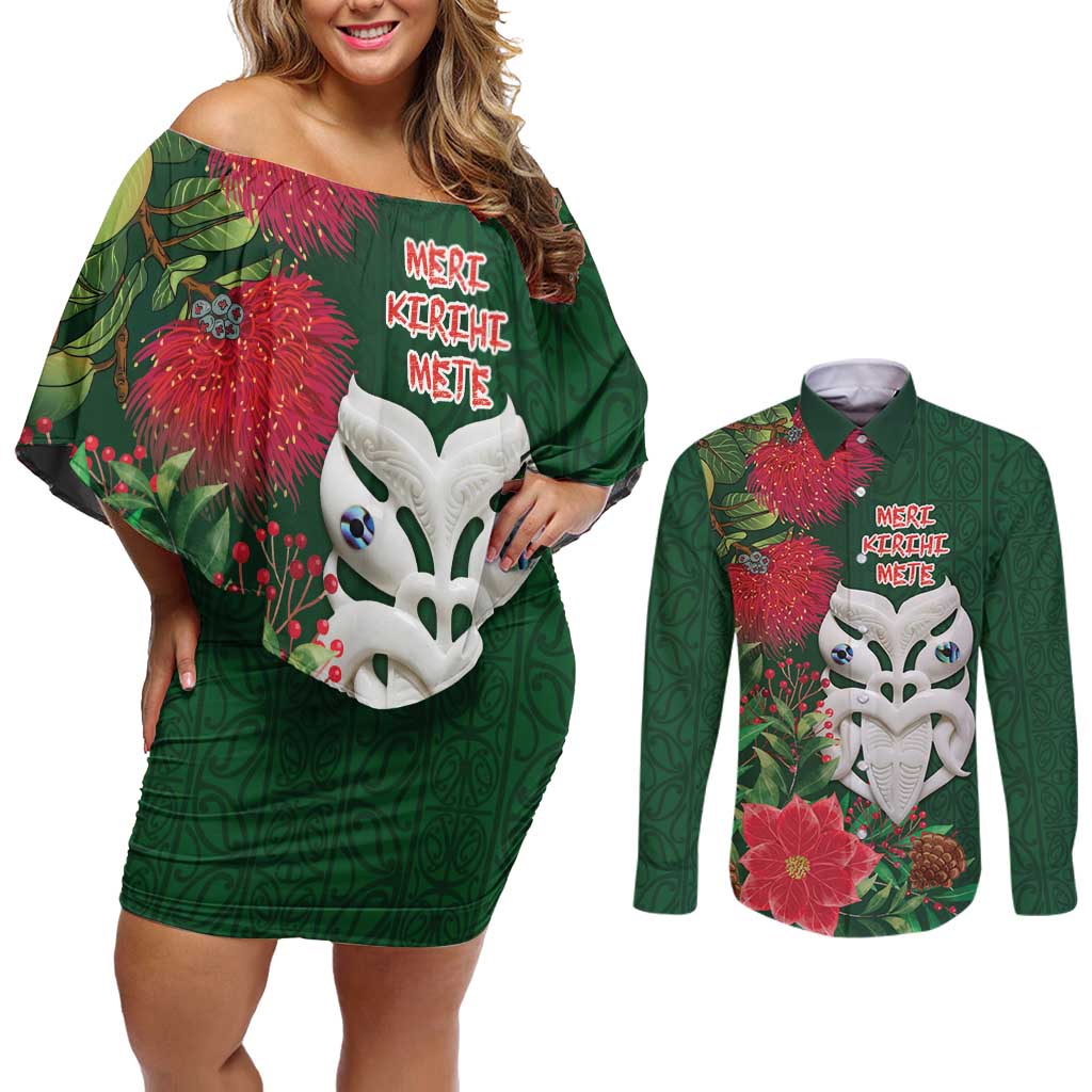 Maori Wheku Meri Kirihimete Personalised Couples Matching Off Shoulder Short Dress and Long Sleeve Button Shirt All Green Indigenous Maori Motif LT9 Green - Polynesian Pride