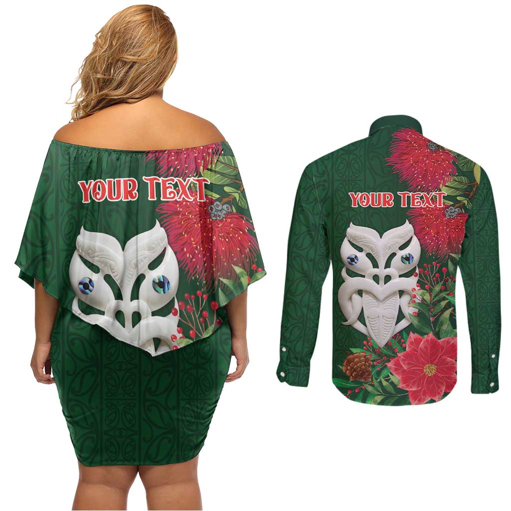 Maori Wheku Meri Kirihimete Personalised Couples Matching Off Shoulder Short Dress and Long Sleeve Button Shirt All Green Indigenous Maori Motif LT9 - Polynesian Pride