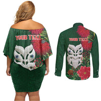 Maori Wheku Meri Kirihimete Personalised Couples Matching Off Shoulder Short Dress and Long Sleeve Button Shirt All Green Indigenous Maori Motif LT9 - Polynesian Pride