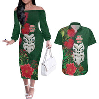 Maori Wheku Meri Kirihimete Personalised Couples Matching Off The Shoulder Long Sleeve Dress and Hawaiian Shirt All Green Indigenous Maori Motif LT9 Green - Polynesian Pride
