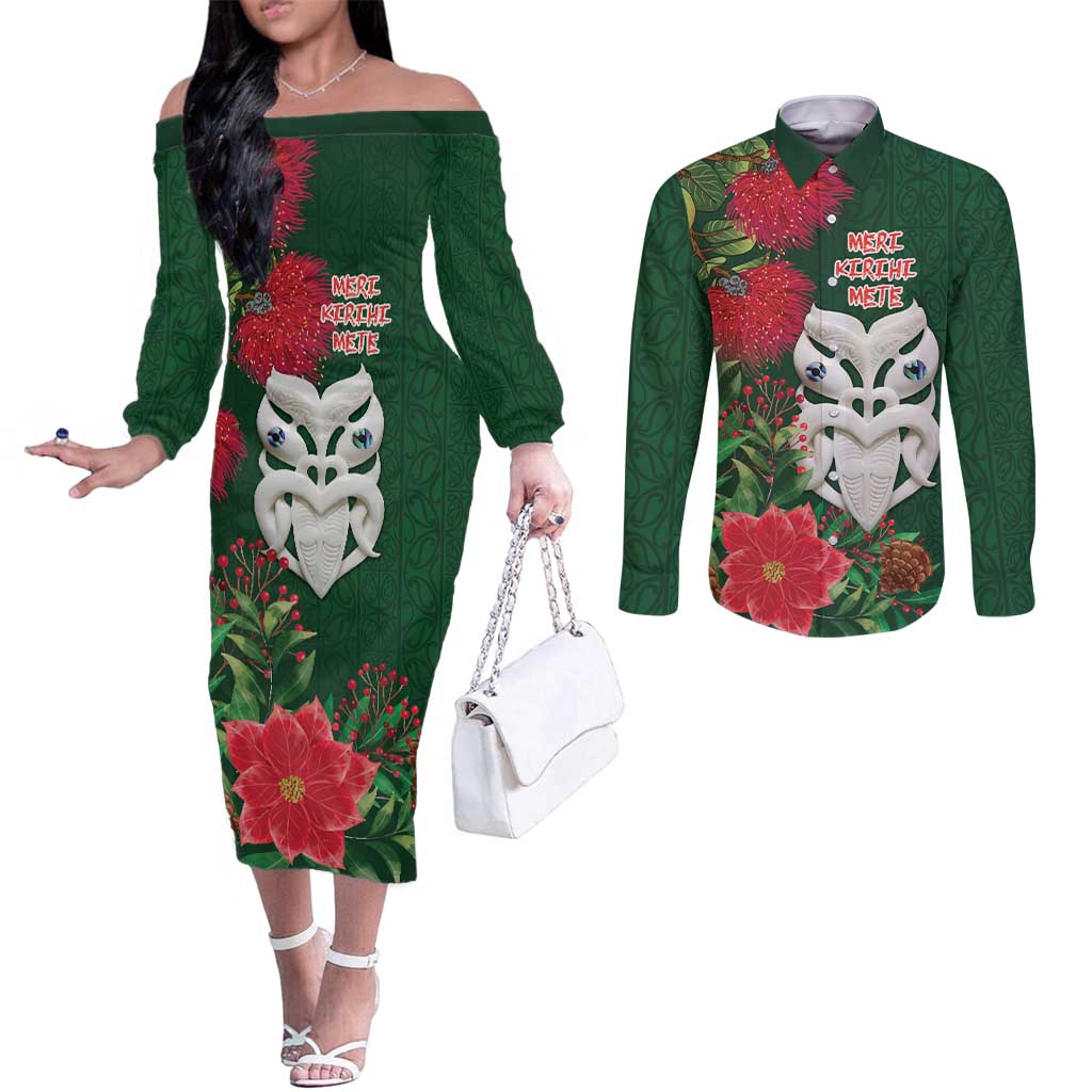 Maori Wheku Meri Kirihimete Personalised Couples Matching Off The Shoulder Long Sleeve Dress and Long Sleeve Button Shirt All Green Indigenous Maori Motif LT9 Green - Polynesian Pride
