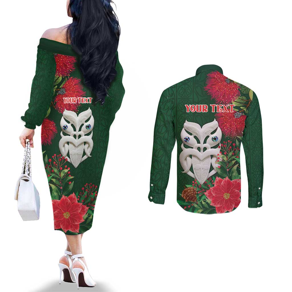 Maori Wheku Meri Kirihimete Personalised Couples Matching Off The Shoulder Long Sleeve Dress and Long Sleeve Button Shirt All Green Indigenous Maori Motif LT9 - Polynesian Pride
