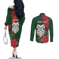 Maori Wheku Meri Kirihimete Personalised Couples Matching Off The Shoulder Long Sleeve Dress and Long Sleeve Button Shirt All Green Indigenous Maori Motif LT9 - Polynesian Pride