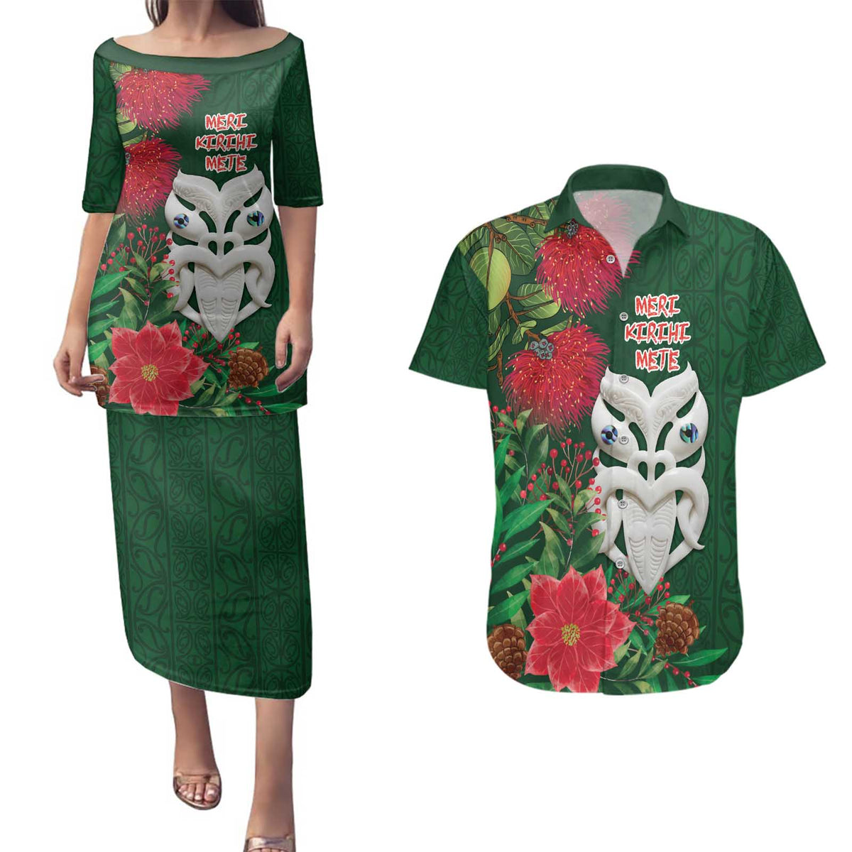 Maori Wheku Meri Kirihimete Personalised Couples Matching Puletasi and Hawaiian Shirt All Green Indigenous Maori Motif LT9 Green - Polynesian Pride