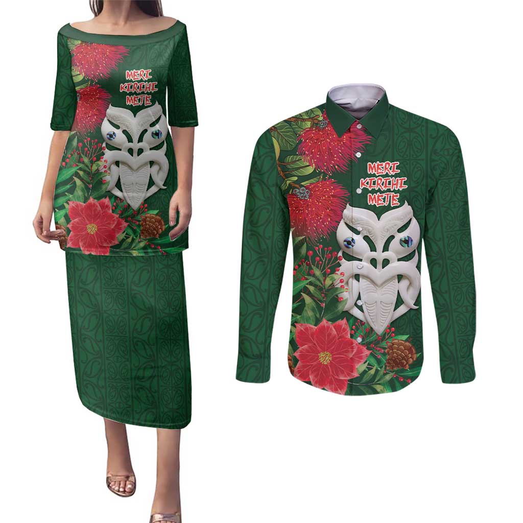 Maori Wheku Meri Kirihimete Personalised Couples Matching Puletasi and Long Sleeve Button Shirt All Green Indigenous Maori Motif LT9 Green - Polynesian Pride