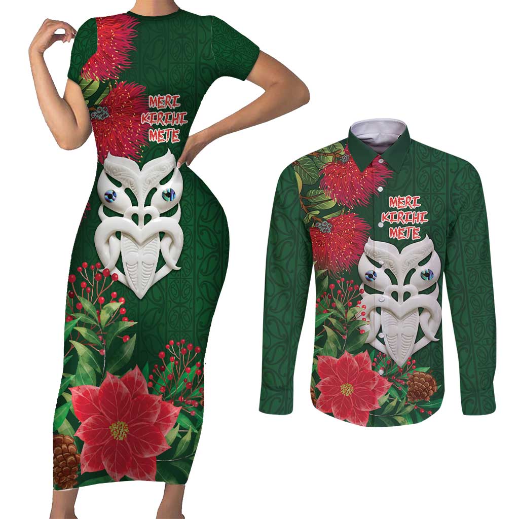 Maori Wheku Meri Kirihimete Personalised Couples Matching Short Sleeve Bodycon Dress and Long Sleeve Button Shirt All Green Indigenous Maori Motif LT9 Green - Polynesian Pride