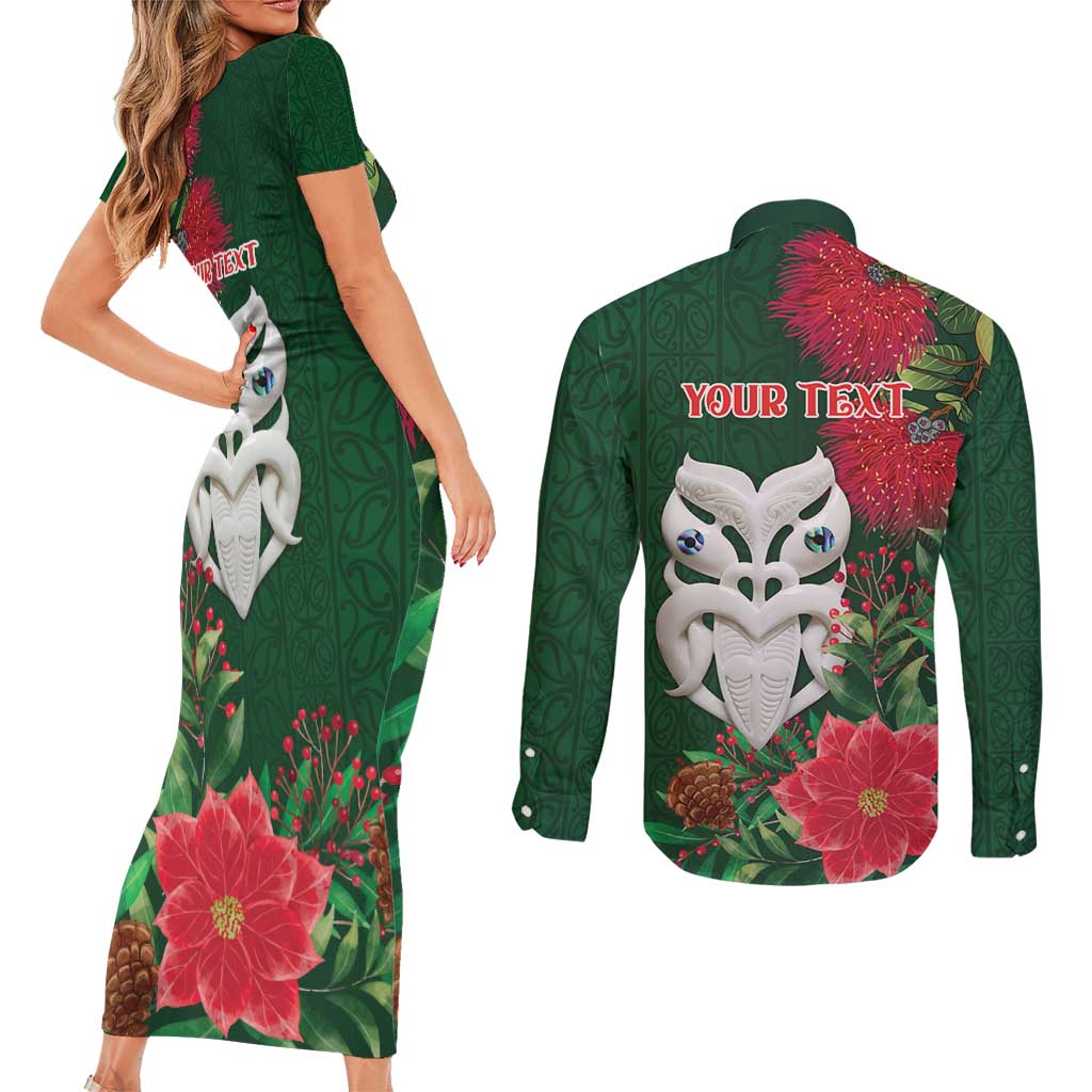 Maori Wheku Meri Kirihimete Personalised Couples Matching Short Sleeve Bodycon Dress and Long Sleeve Button Shirt All Green Indigenous Maori Motif LT9 - Polynesian Pride
