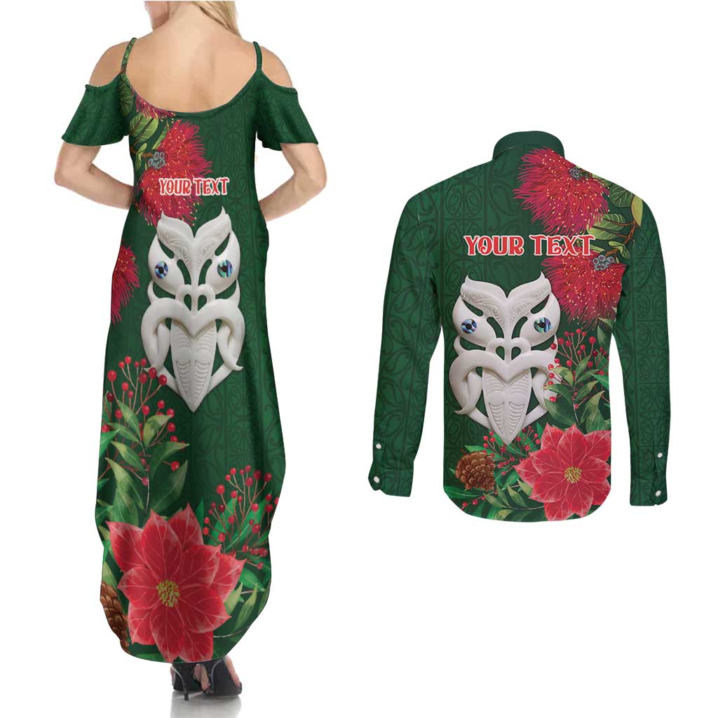 Maori Wheku Meri Kirihimete Personalised Couples Matching Summer Maxi Dress and Long Sleeve Button Shirt All Green Indigenous Maori Motif LT9 - Polynesian Pride