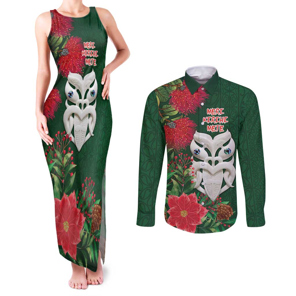 Maori Wheku Meri Kirihimete Personalised Couples Matching Tank Maxi Dress and Long Sleeve Button Shirt All Green Indigenous Maori Motif LT9 Green - Polynesian Pride