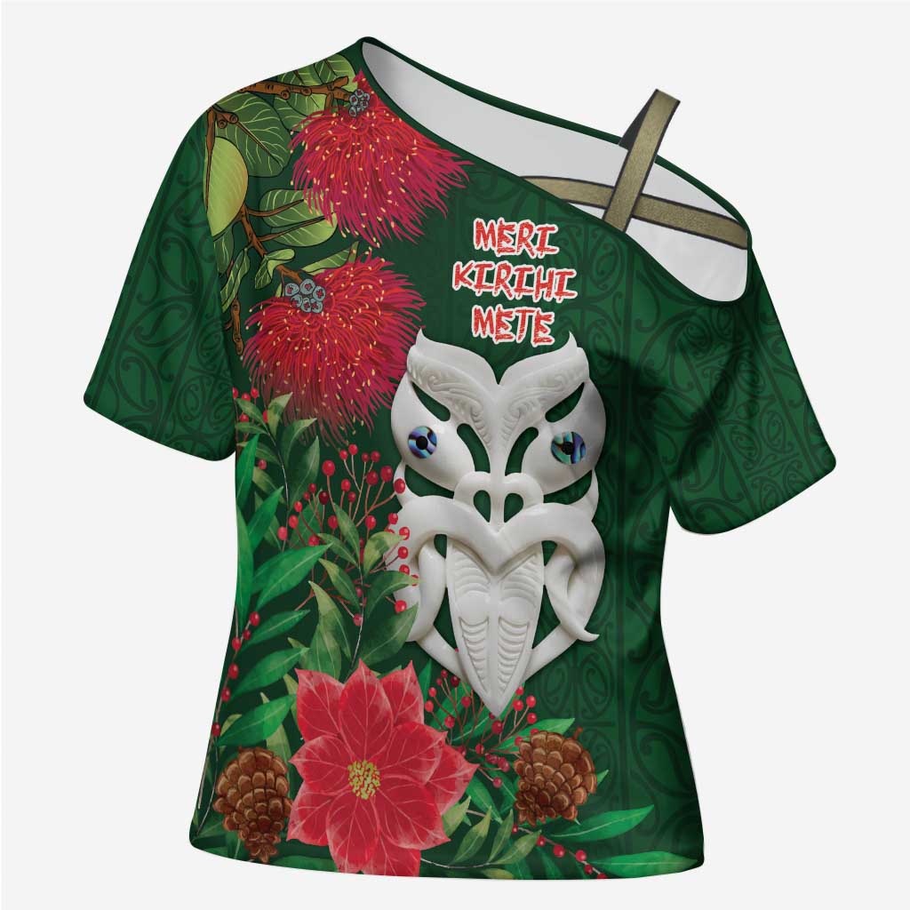 Maori Wheku Meri Kirihimete Personalised Cross Shoulder Shirt All Green Indigenous Maori Motif LT9 Female Green - Polynesian Pride