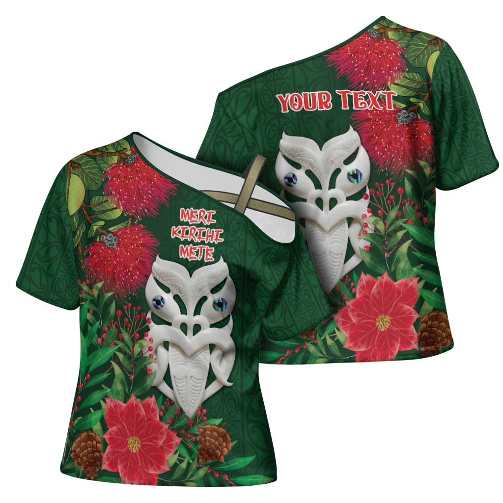 Maori Wheku Meri Kirihimete Personalised Cross Shoulder Shirt All Green Indigenous Maori Motif LT9 - Polynesian Pride