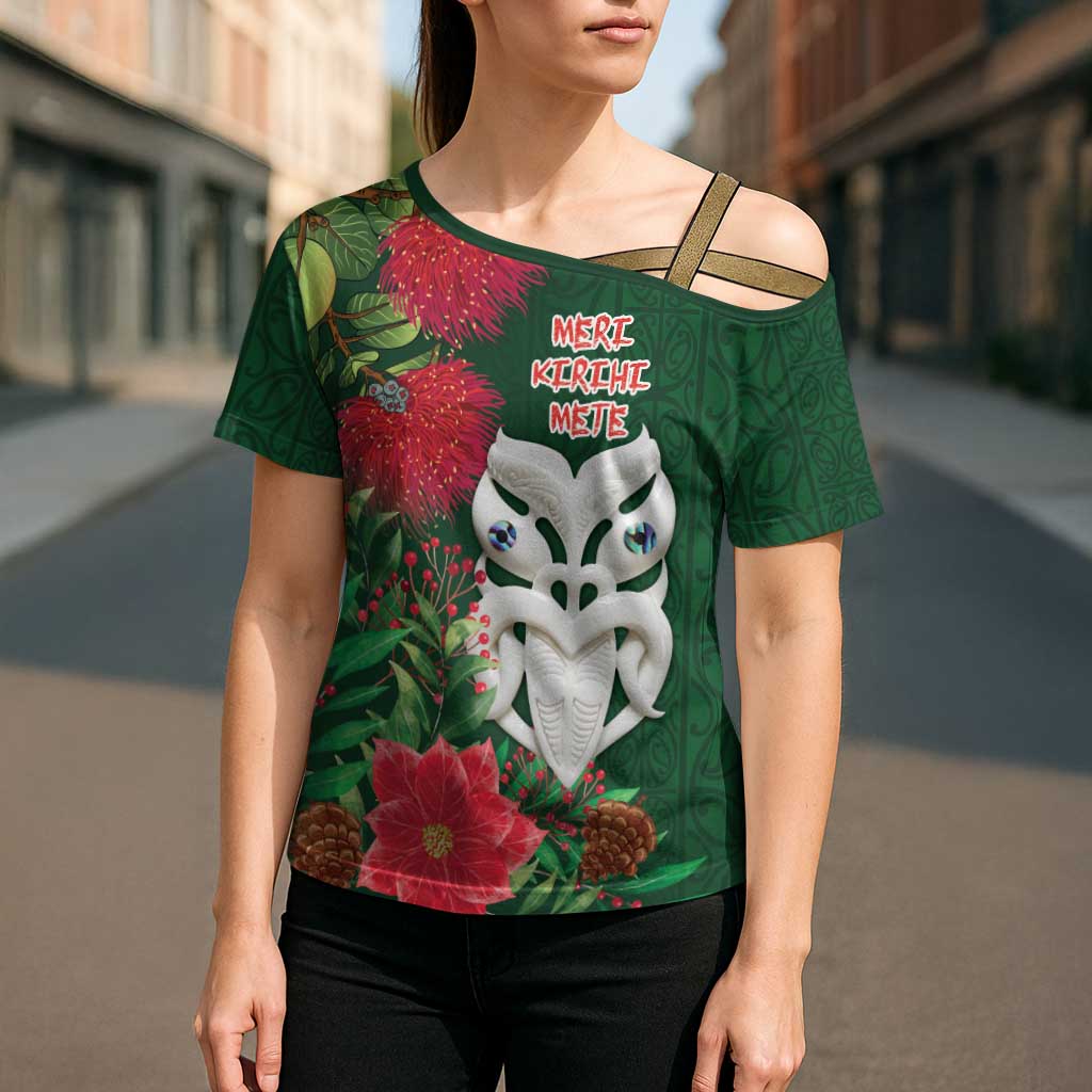 Maori Wheku Meri Kirihimete Personalised Cross Shoulder Shirt All Green Indigenous Maori Motif LT9 - Polynesian Pride