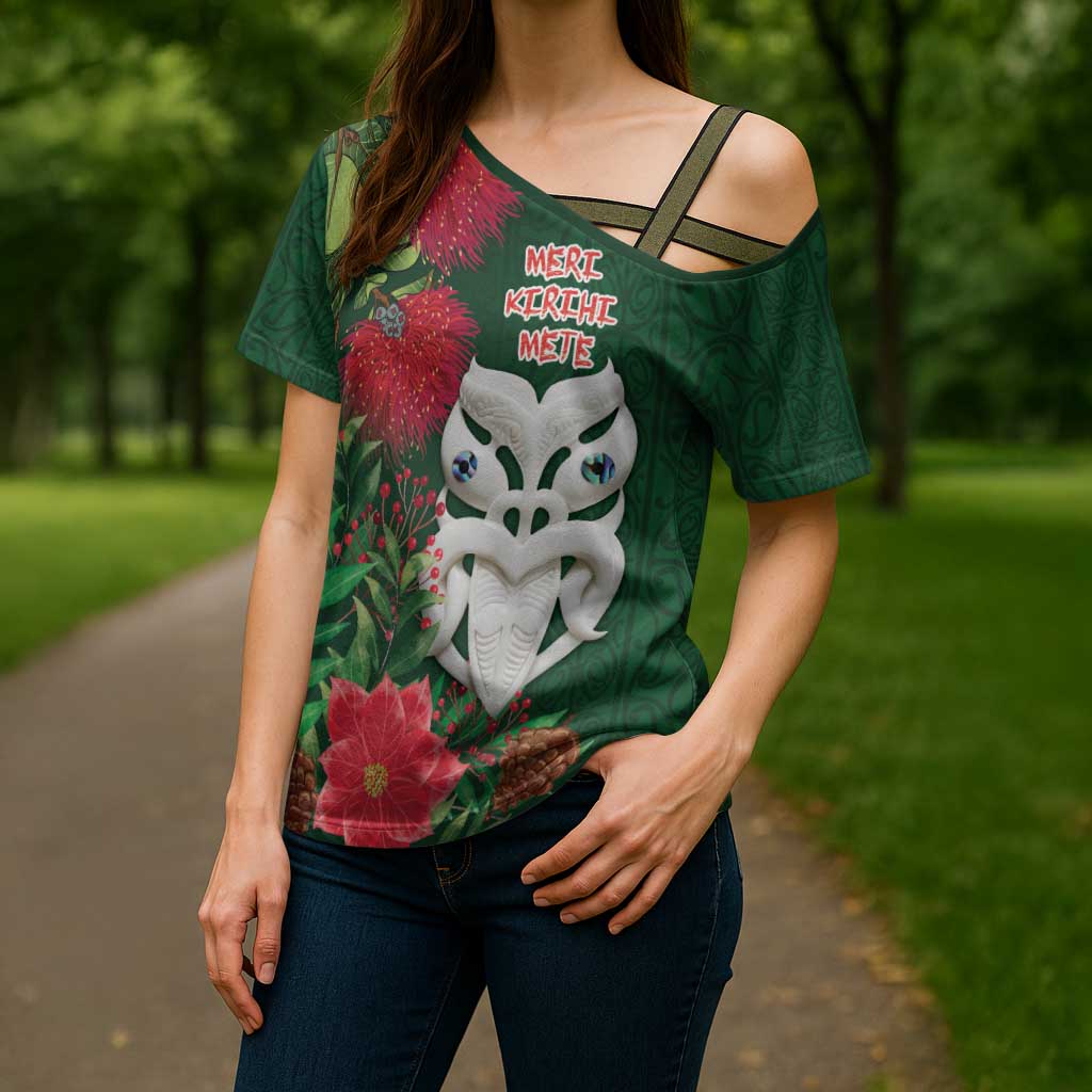 Maori Wheku Meri Kirihimete Personalised Cross Shoulder Shirt All Green Indigenous Maori Motif LT9 - Polynesian Pride
