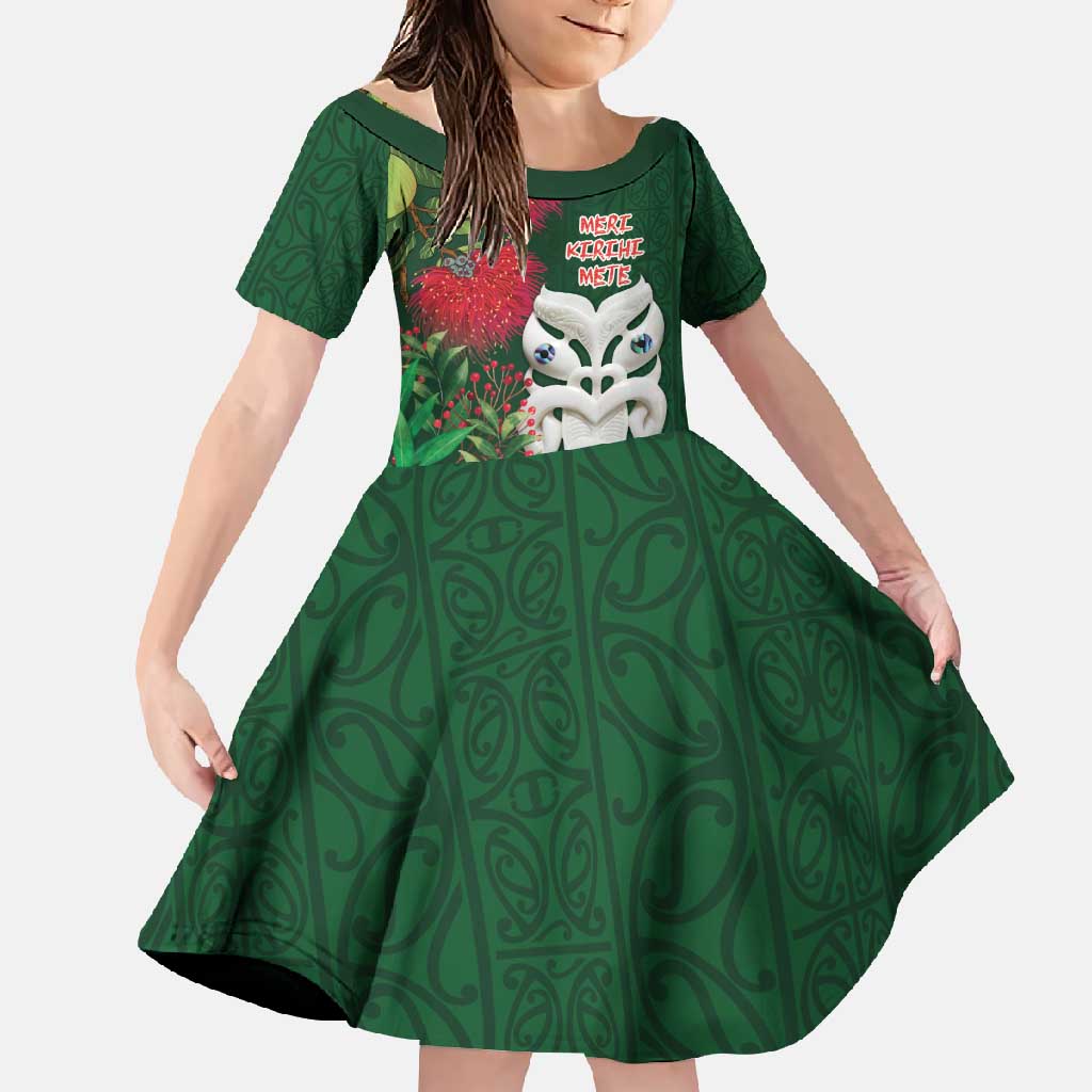 Maori Wheku Meri Kirihimete Personalised Family Matching Long Sleeve Bodycon Dress and Hawaiian Shirt All Green Indigenous Maori Motif LT9 Daughter's Dress Green - Polynesian Pride