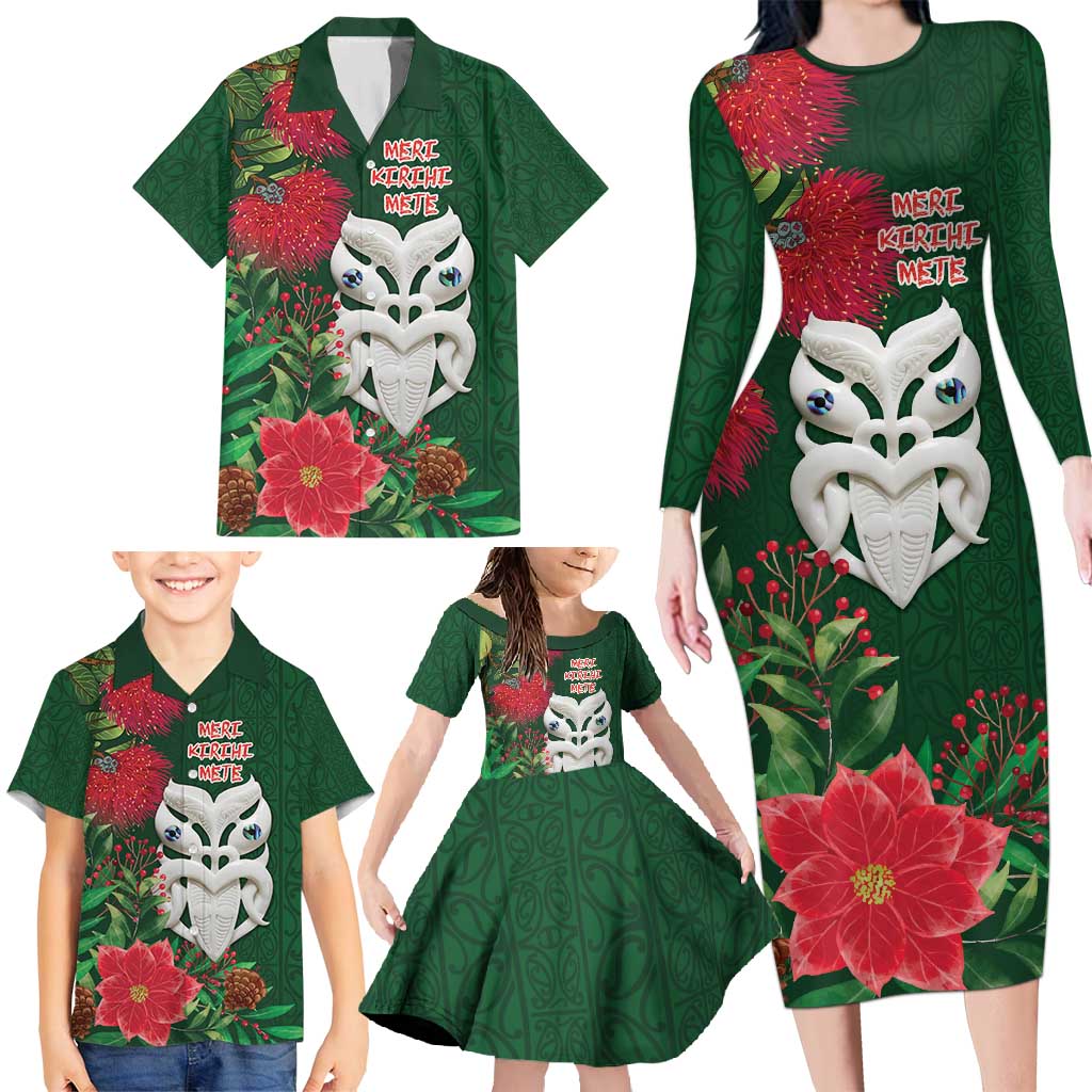 Maori Wheku Meri Kirihimete Personalised Family Matching Long Sleeve Bodycon Dress and Hawaiian Shirt All Green Indigenous Maori Motif LT9 - Polynesian Pride