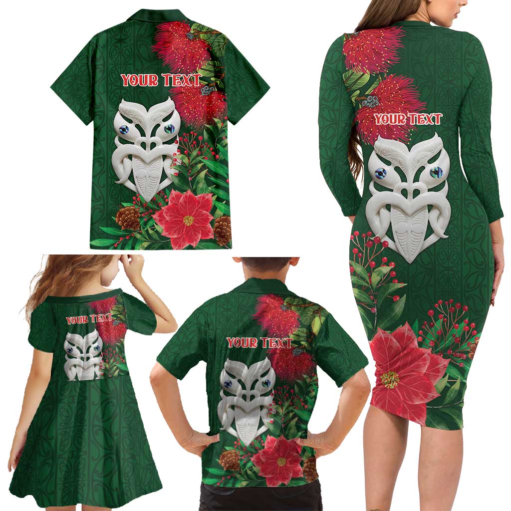 Maori Wheku Meri Kirihimete Personalised Family Matching Long Sleeve Bodycon Dress and Hawaiian Shirt All Green Indigenous Maori Motif LT9 - Polynesian Pride