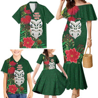 Maori Wheku Meri Kirihimete Personalised Family Matching Mermaid Dress and Hawaiian Shirt All Green Indigenous Maori Motif LT9 - Polynesian Pride