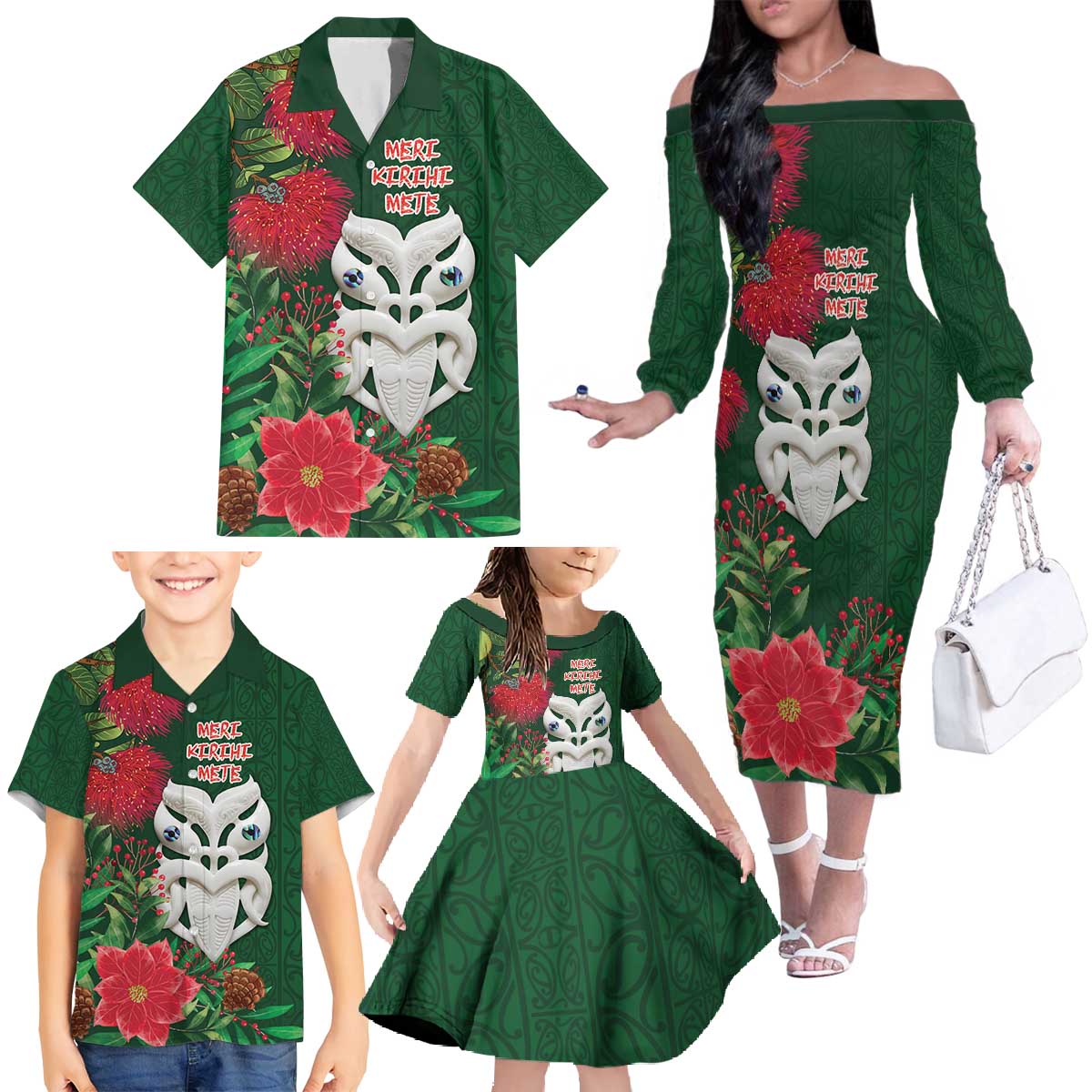 Maori Wheku Meri Kirihimete Personalised Family Matching Off The Shoulder Long Sleeve Dress and Hawaiian Shirt All Green Indigenous Maori Motif LT9 - Polynesian Pride