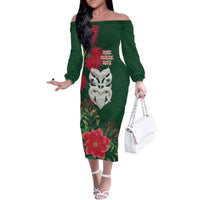 Maori Wheku Meri Kirihimete Personalised Family Matching Off The Shoulder Long Sleeve Dress and Hawaiian Shirt All Green Indigenous Maori Motif LT9 Mom's Dress Green - Polynesian Pride
