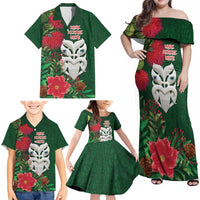 Maori Wheku Meri Kirihimete Personalised Family Matching Off Shoulder Maxi Dress and Hawaiian Shirt All Green Indigenous Maori Motif LT9 - Polynesian Pride