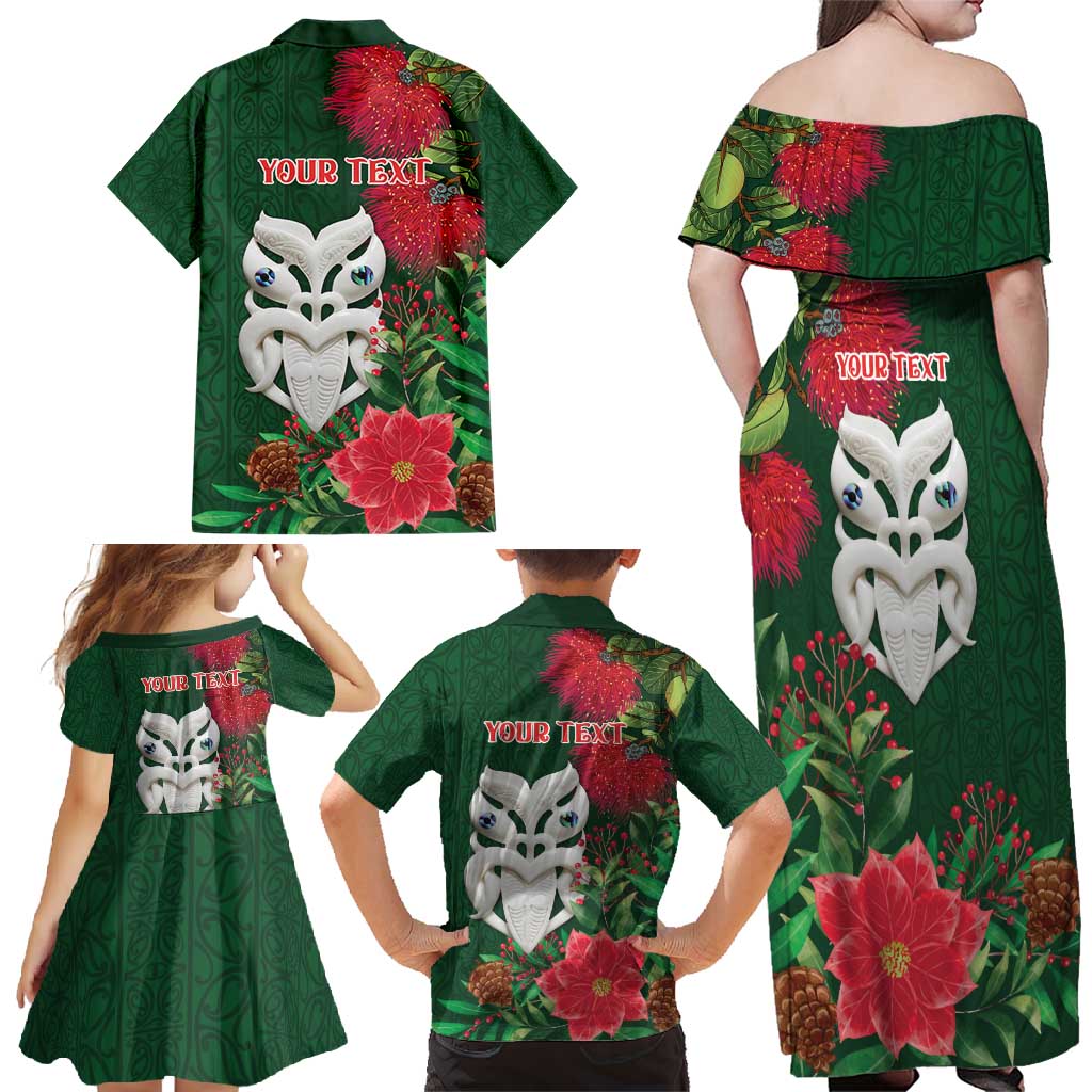 Maori Wheku Meri Kirihimete Personalised Family Matching Off Shoulder Maxi Dress and Hawaiian Shirt All Green Indigenous Maori Motif LT9 - Polynesian Pride