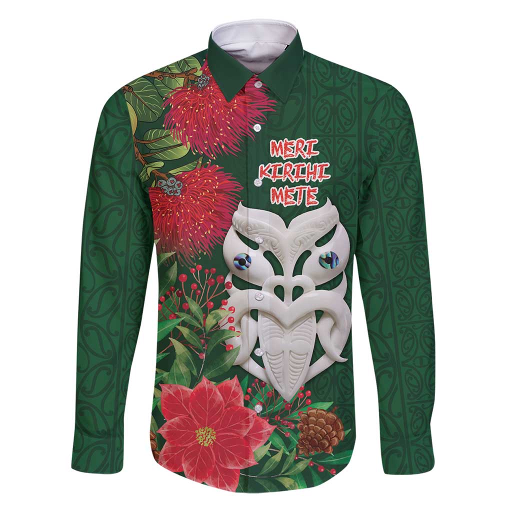 Maori Wheku Meri Kirihimete Personalised Family Matching Off Shoulder Maxi Dress and Hawaiian Shirt All Green Indigenous Maori Motif LT9 Dad's Shirt - Long Sleeve Green - Polynesian Pride