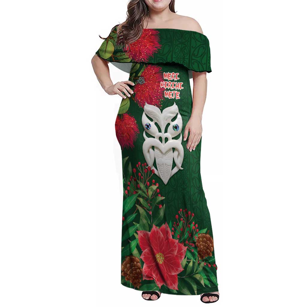Maori Wheku Meri Kirihimete Personalised Family Matching Off Shoulder Maxi Dress and Hawaiian Shirt All Green Indigenous Maori Motif LT9 Mom's Dress Green - Polynesian Pride