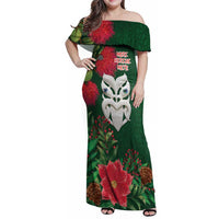 Maori Wheku Meri Kirihimete Personalised Family Matching Off Shoulder Maxi Dress and Hawaiian Shirt All Green Indigenous Maori Motif LT9 Mom's Dress Green - Polynesian Pride