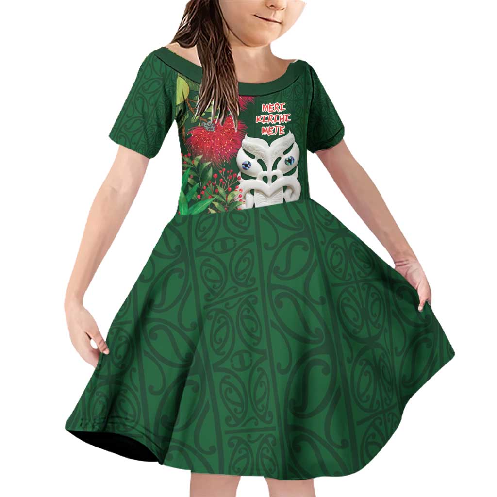 Maori Wheku Meri Kirihimete Personalised Family Matching Off Shoulder Short Dress and Hawaiian Shirt All Green Indigenous Maori Motif LT9 Daughter's Dress Green - Polynesian Pride