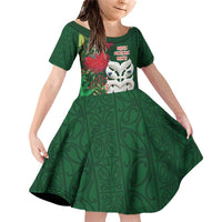 Maori Wheku Meri Kirihimete Personalised Family Matching Off Shoulder Short Dress and Hawaiian Shirt All Green Indigenous Maori Motif LT9 Daughter's Dress Green - Polynesian Pride