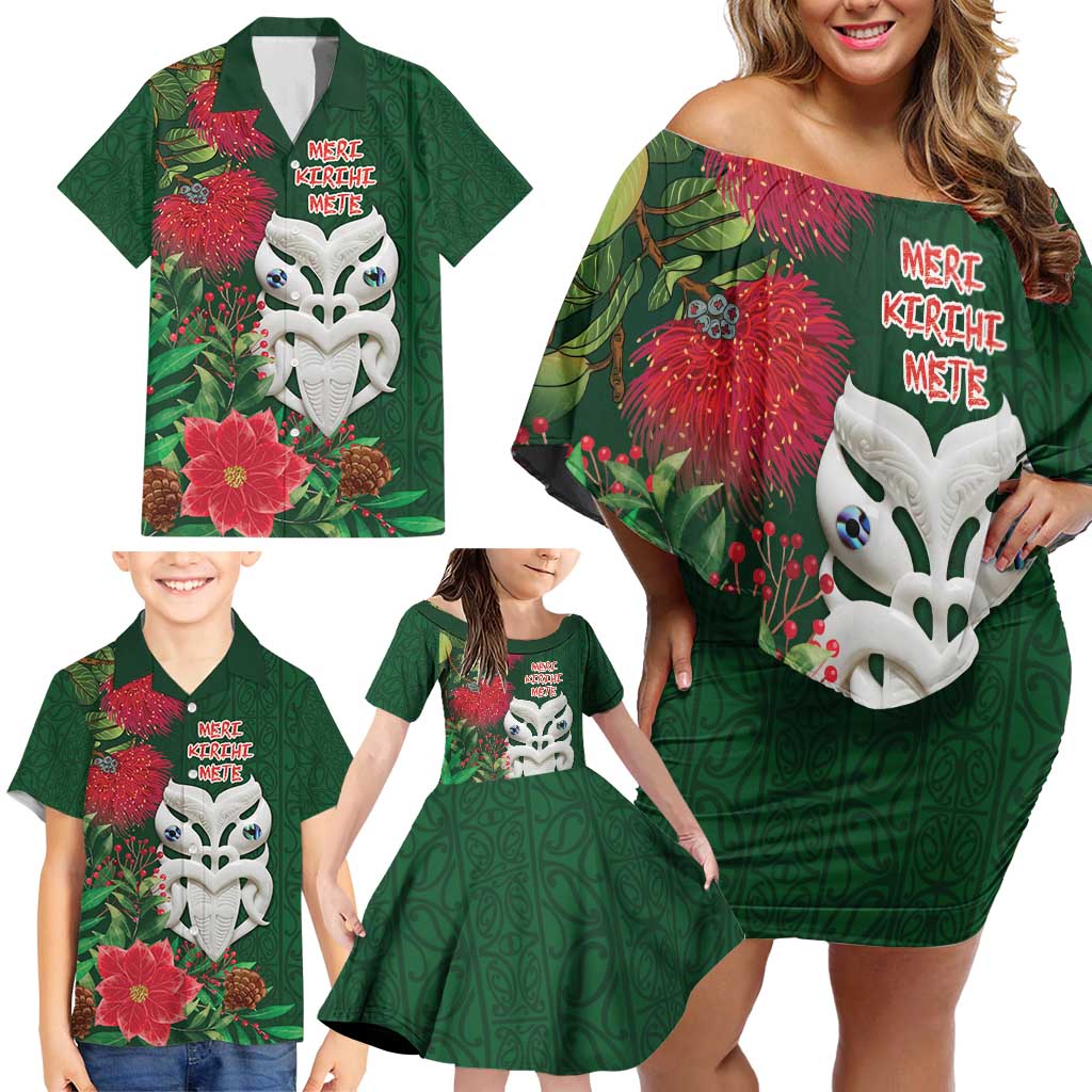 Maori Wheku Meri Kirihimete Personalised Family Matching Off Shoulder Short Dress and Hawaiian Shirt All Green Indigenous Maori Motif LT9 - Polynesian Pride
