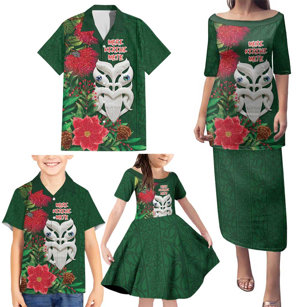 Maori Wheku Meri Kirihimete Personalised Family Matching Puletasi and Hawaiian Shirt All Green Indigenous Maori Motif LT9 - Polynesian Pride