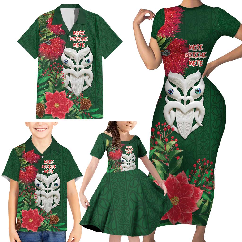 Maori Wheku Meri Kirihimete Personalised Family Matching Short Sleeve Bodycon Dress and Hawaiian Shirt All Green Indigenous Maori Motif LT9 - Polynesian Pride
