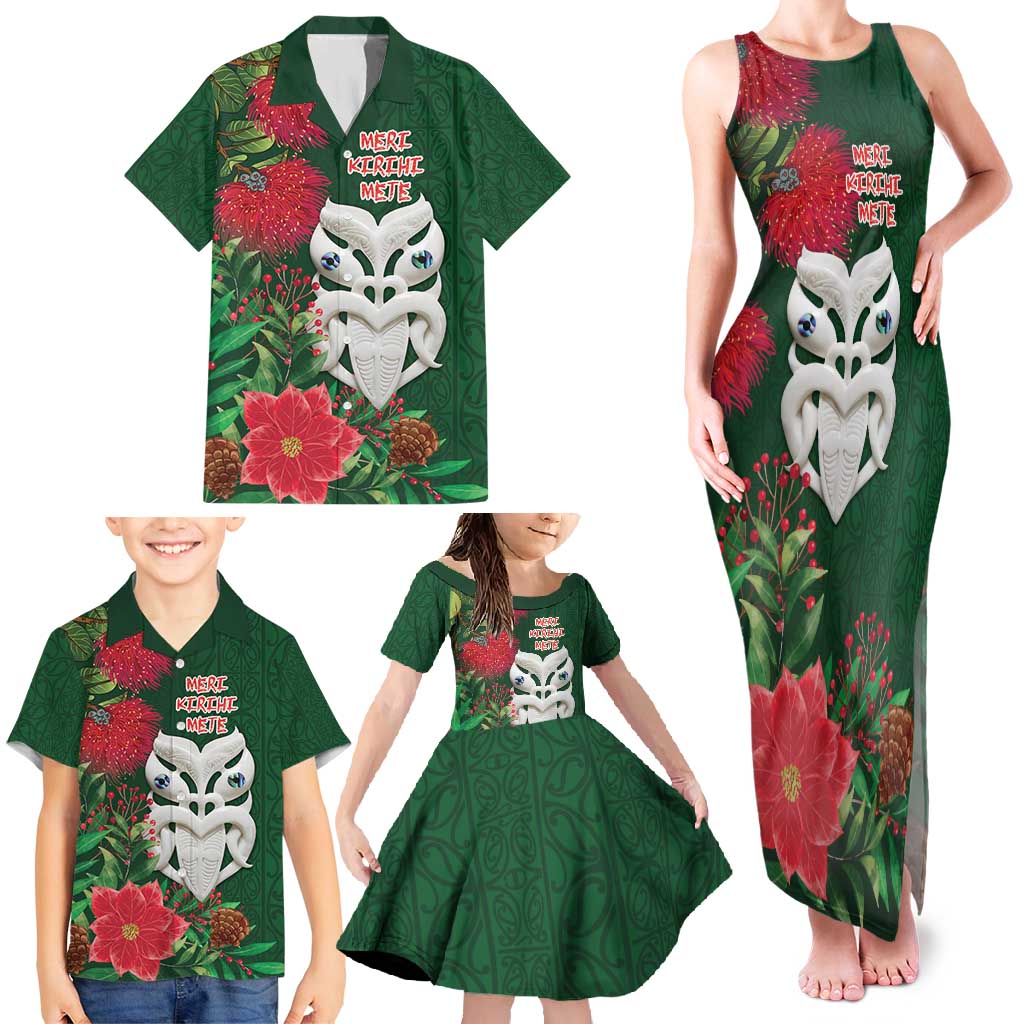 Maori Wheku Meri Kirihimete Personalised Family Matching Tank Maxi Dress and Hawaiian Shirt All Green Indigenous Maori Motif LT9 - Polynesian Pride